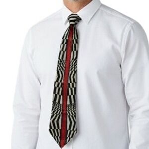 Checkered Op Art Tie - Red Green Accent Geometric Pattern Men's Necktie